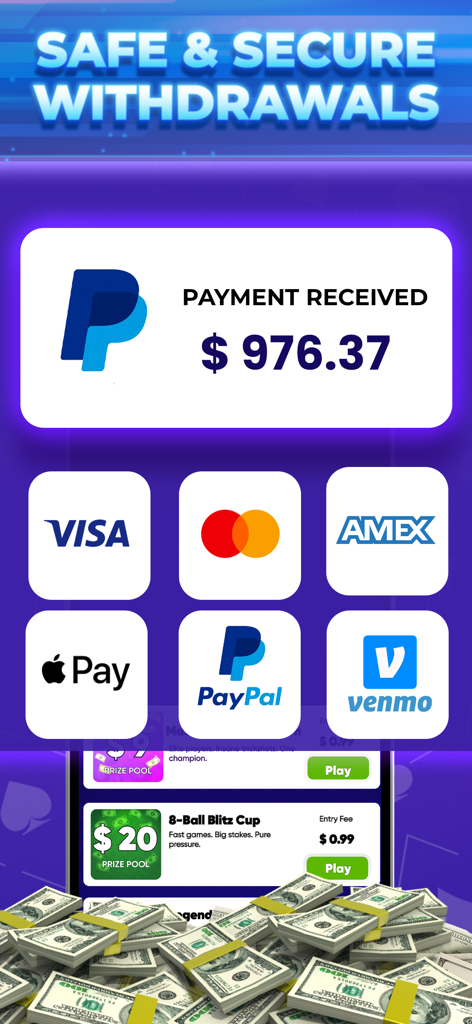 Secure payment and withdrawal methods for Solitaire Sprint including PayPal, Visa, and Apple Pay