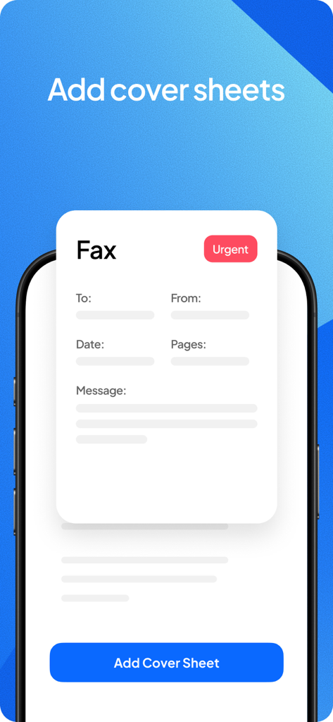 Mobile app interface showing how to add a professional fax cover sheet with an urgent tag.