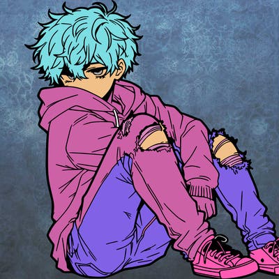 a male hoddie ripped jeans messy hair anime