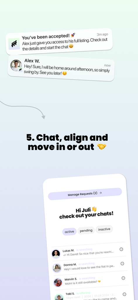 flatsforfriendz - Interface of the flatsforfriendz app showing chat messages and acceptance notifications for shared housing.