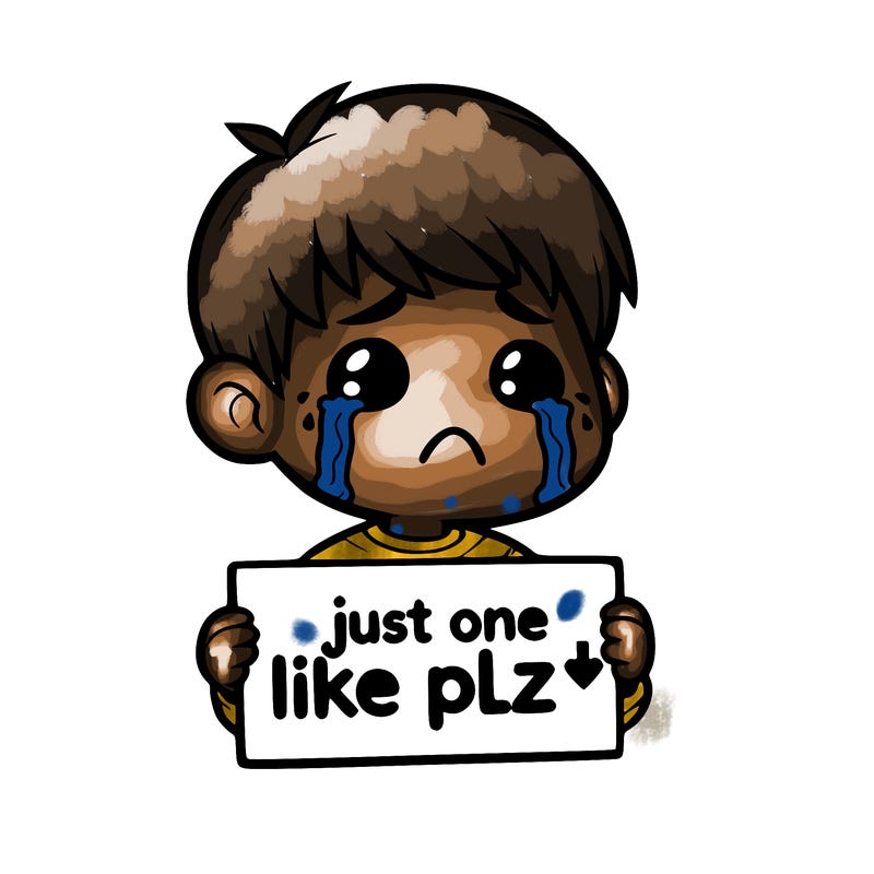 realistic crying boy with a sign saying just one like plz