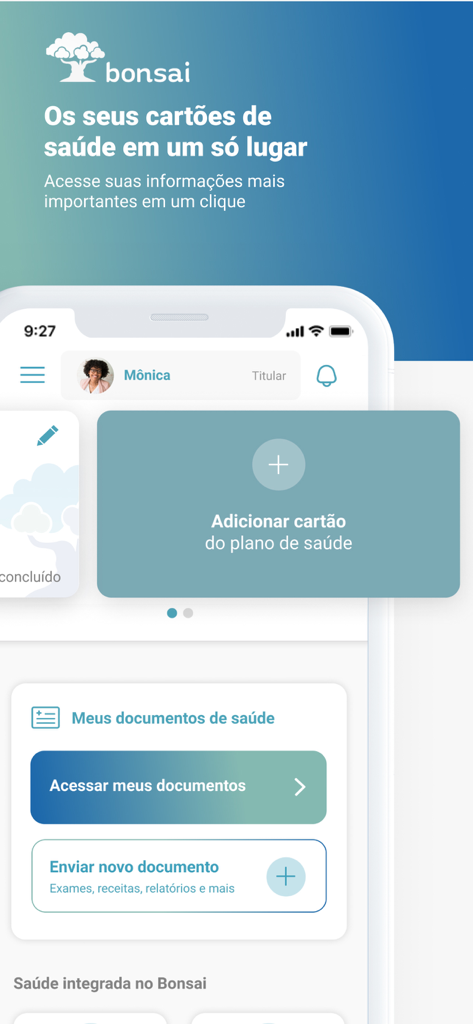 Bonsai - Saúde da sua família - Bonsai health app dashboard displaying options to manage medical insurance cards and health documents