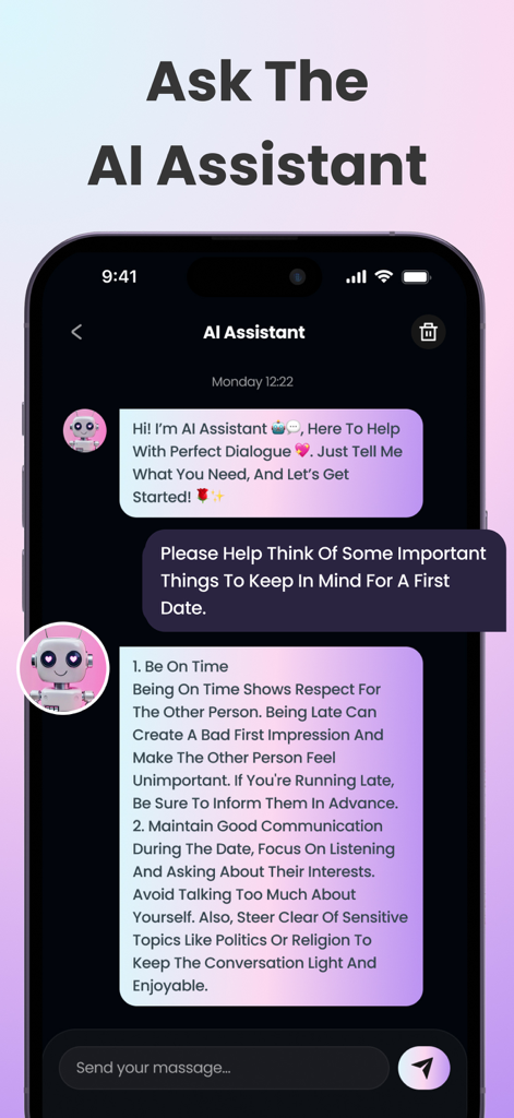 Rizzai - Dating Assistant App - Interfaz de chat de la aplicación Rizzai donde el asistente de IA proporciona consejos para una primera cita.