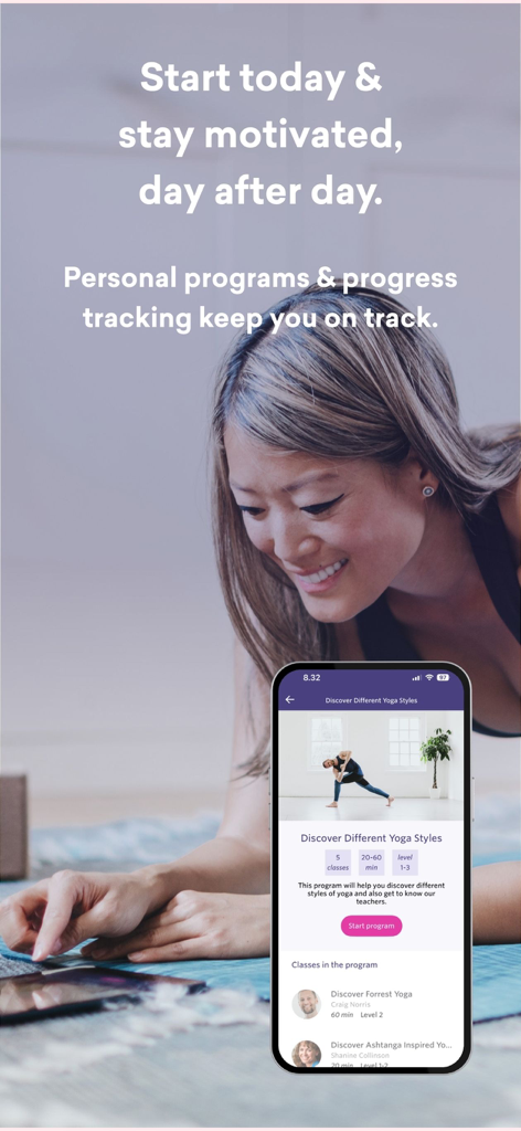 Yogaia: Daily Yoga & Workout - A woman using the Yogaia app to view personalized yoga programs and track her progress