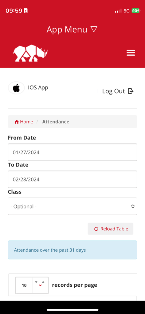 RhinoFit - Attendance tracking screen in the RhinoFit app showing date range filters and class selection