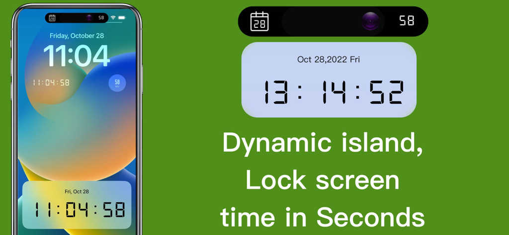 Digital clock app showing time with seconds on iPhone Dynamic Island and lock screen widgets