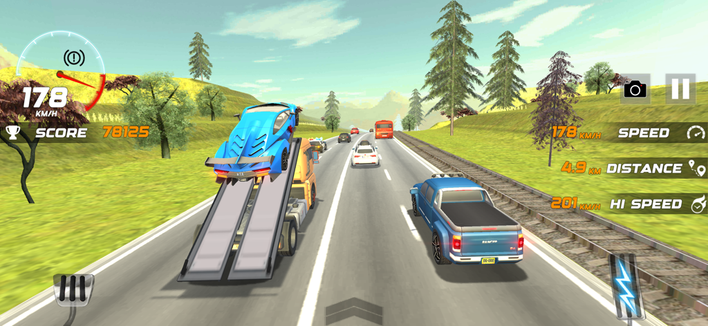 Highway Traffic Racer Car Ride - A blue sports car performing a jump from a ramp truck in the Highway Traffic Racer Car Ride game.