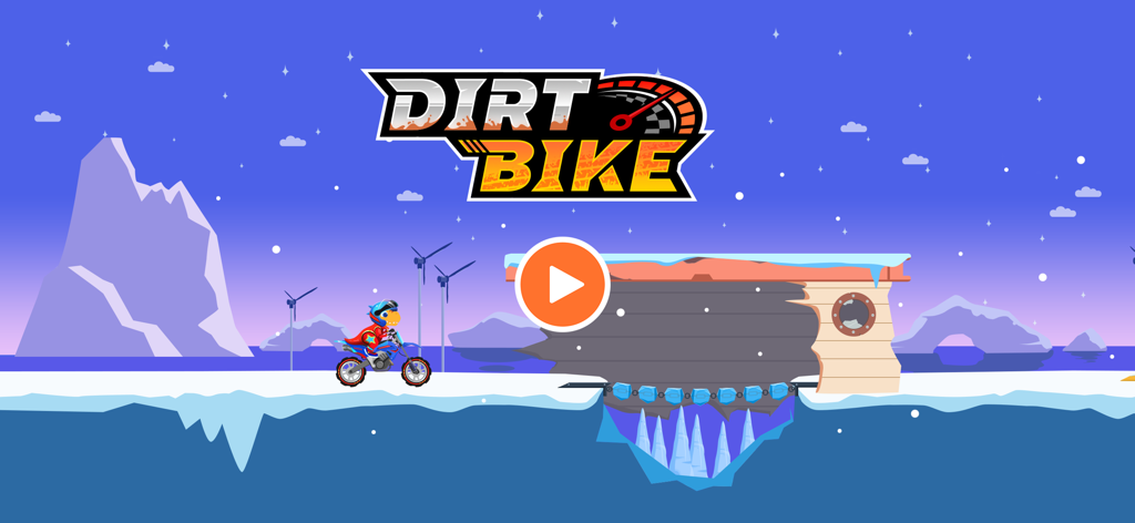 Dirt Bike Games Kids - Start screen of the Dirt Bike Go app showing a cartoon dinosaur on a motorcycle in a snowy mountain landscape with a play button.