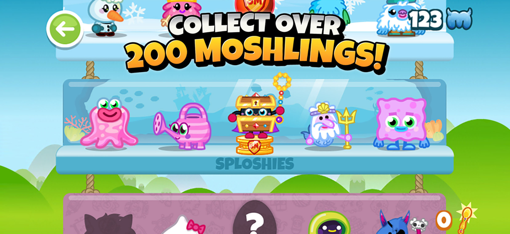 Moshi Monsters Egg Hunt - A collection of colorful Moshling characters on display shelves in Moshi Monsters Egg Hunt