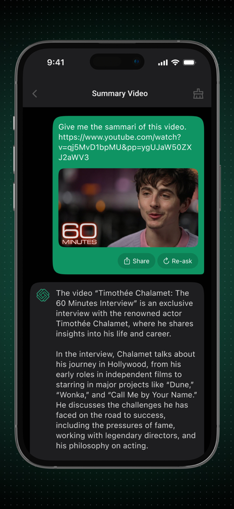 Uma tela de aplicativo móvel mostrando o GPT AI Assistant resumindo um vídeo de entrevista do YouTube.