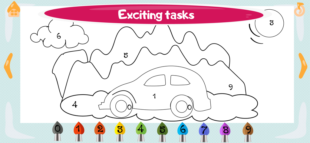 Learning numbers - Kids games - Un juego educativo infantil de colorear por números con un coche y una escena de paisaje