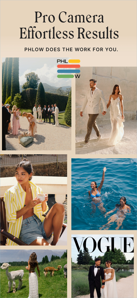 Phlow: Camera & Photo Editor - A collage of high-quality lifestyle photos featuring wedding scenes and professional photography results from the Phlow camera app