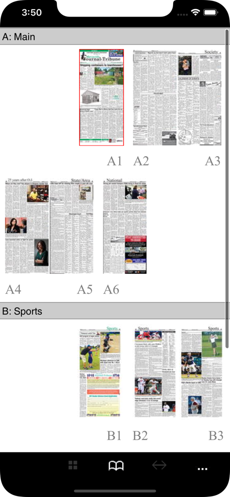 Thumbnail grid of digital newspaper pages in the Marysville Journal Tribune app