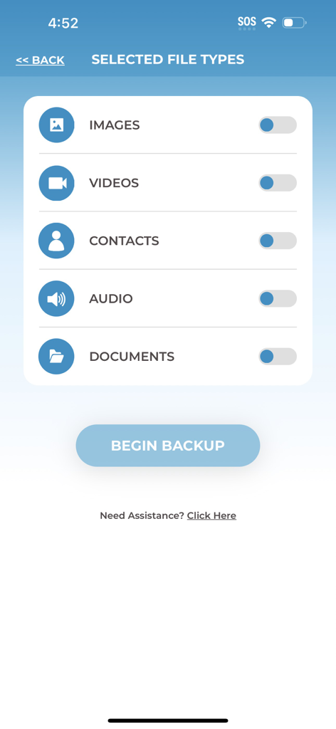 Menu do aplicativo ThePhotoStick Omni mostrando seleção de tipo de arquivo para backup, incluindo imagens, vídeos e contatos