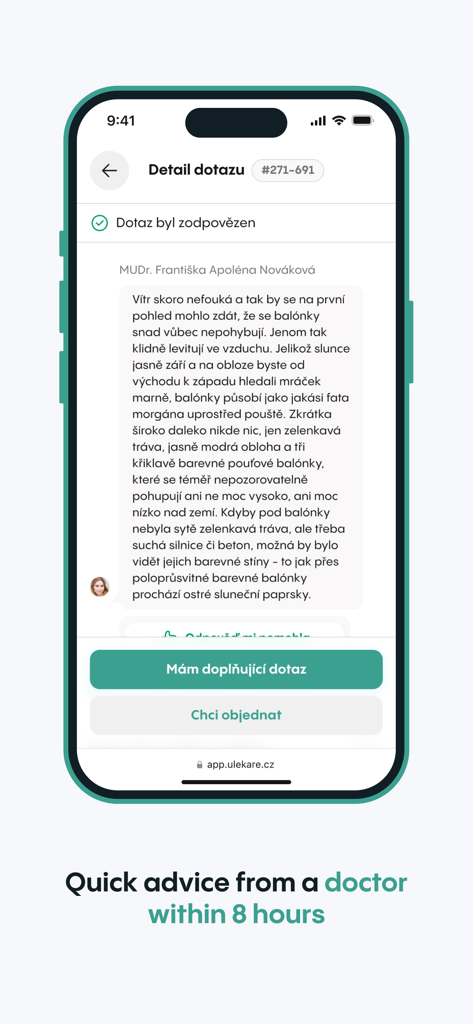 uLékaře.cz - Interface of the uLékaře.cz app showing a detailed medical consultation response from a doctor