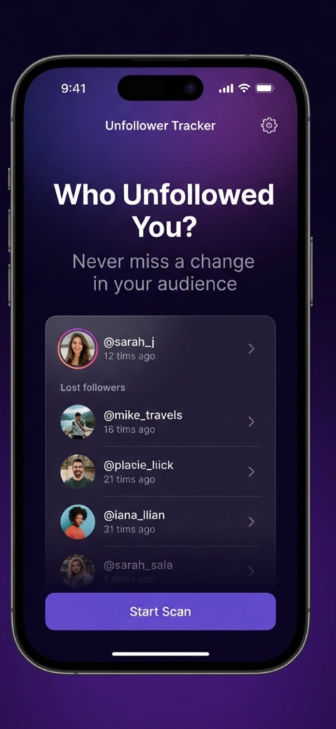 IG Unfollow: Reports & Tracker - Instagram unfollower tracker interface showing a list of recent lost followers