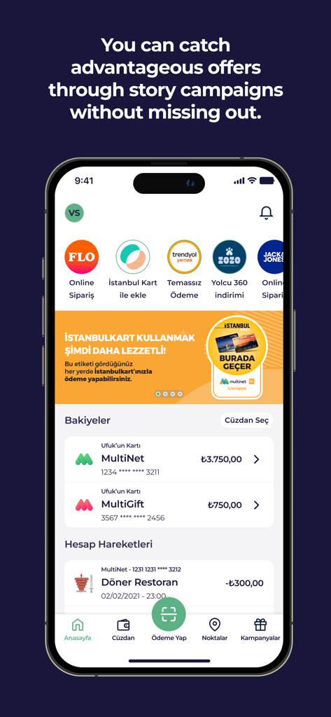 MultiPay mobile app dashboard showing account balances and promotional story campaigns
