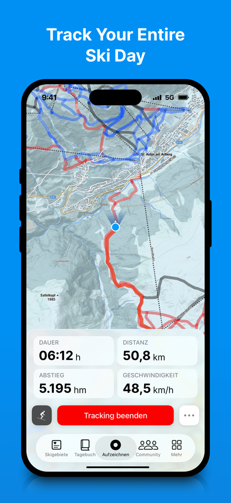bergfex: Skiing & Tracking - Smartphone screen displaying bergfex ski tracking map and real time performance statistics