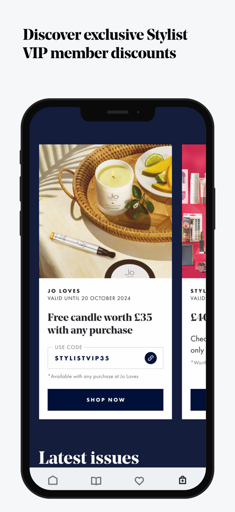 Smartphone screen displaying exclusive Stylist VIP member discounts and promo codes for lifestyle brands
