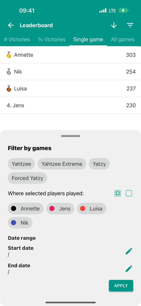 Leaderboard view with player rankings and game filters for Yatzy