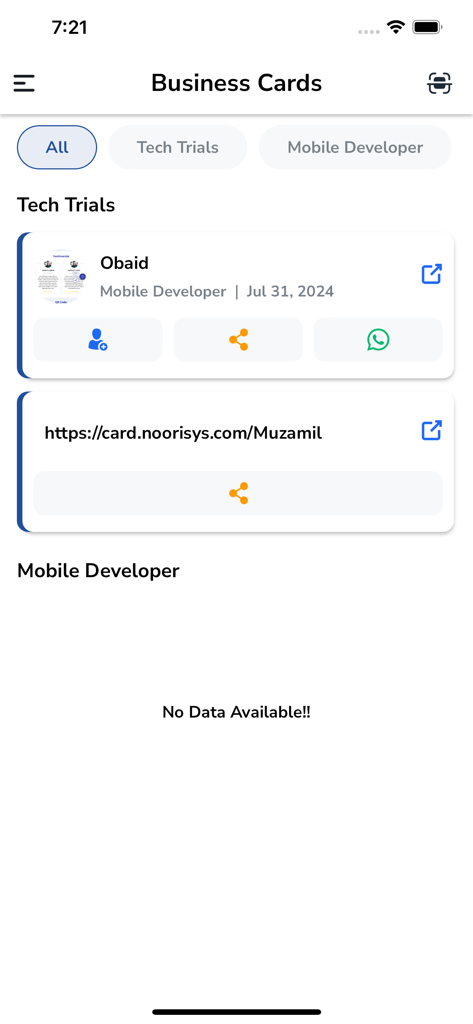 nCard - Oberfläche der nCard-App, die eine Liste digitaler Visitenkarten mit Kontakt- und Freigabeoptionen anzeigt