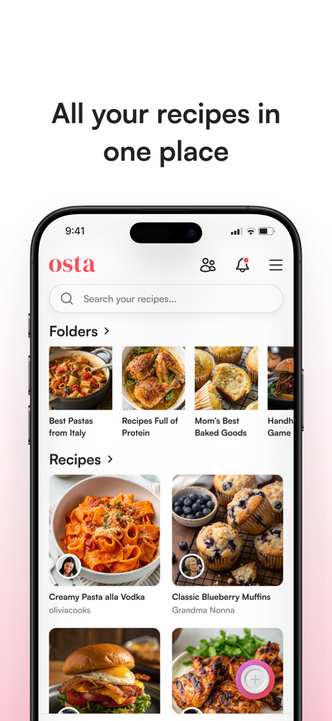 Osta: Save & Share Recipes - Osta 앱 홈 화면, 정리된 레시피 폴더와 저장된 소셜 미디어 레시피 표시