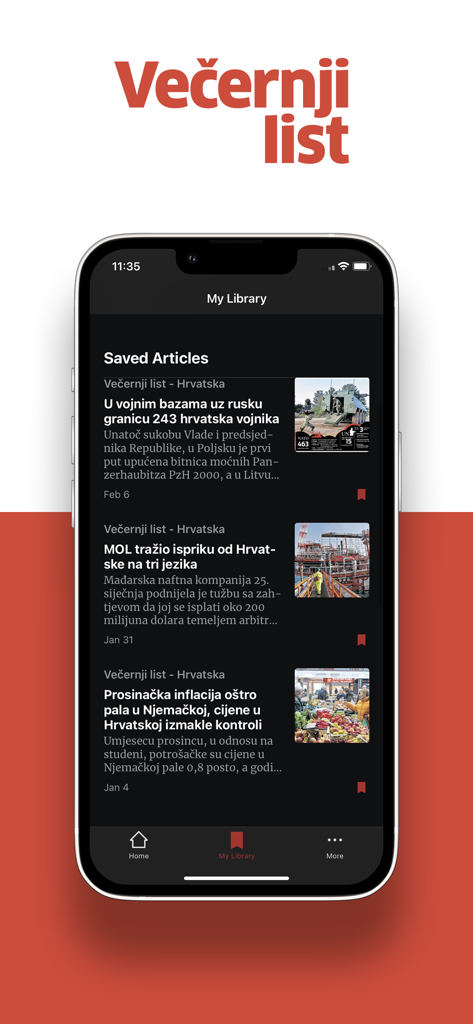 Večernji list e-novine - Večernji list e-novine app My Library screen showing a list of saved Croatian news articles
