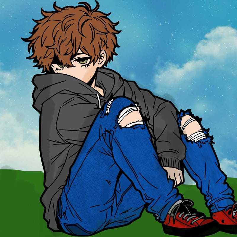 a male hoddie ripped jeans messy hair anime