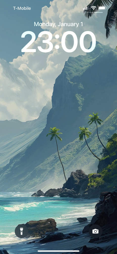 4K nature wallpaper of a tropical beach and mountains on an iPhone lock screen