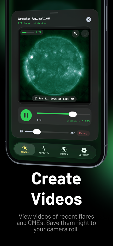 SOL.SWx: Aurora & Sun Tracker - Interface do aplicativo SOL.SWx mostrando o recurso para criar e salvar vídeos de animação de erupções solares.