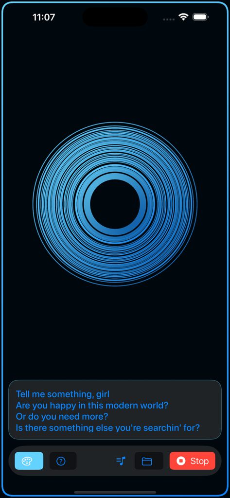 Live Audio & Music Visualizer - Interfaz de la aplicación Live Audio and Music Visualizer que muestra una forma de onda circular azul y transcripción de voz a texto en tiempo real.