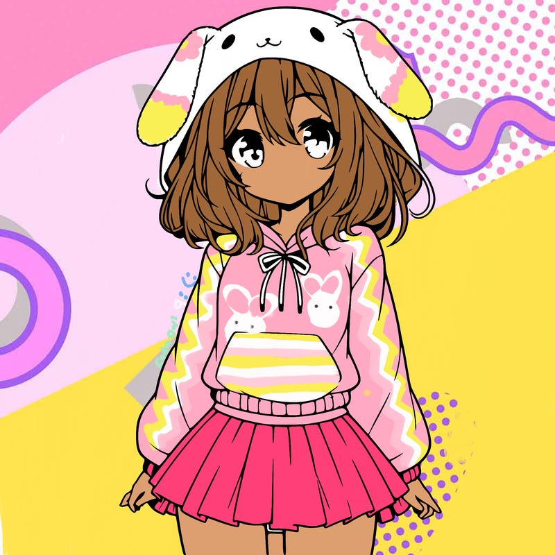 pretty anime girl wearing a fluffy hoodie with bunny ears on the hood and a skirt