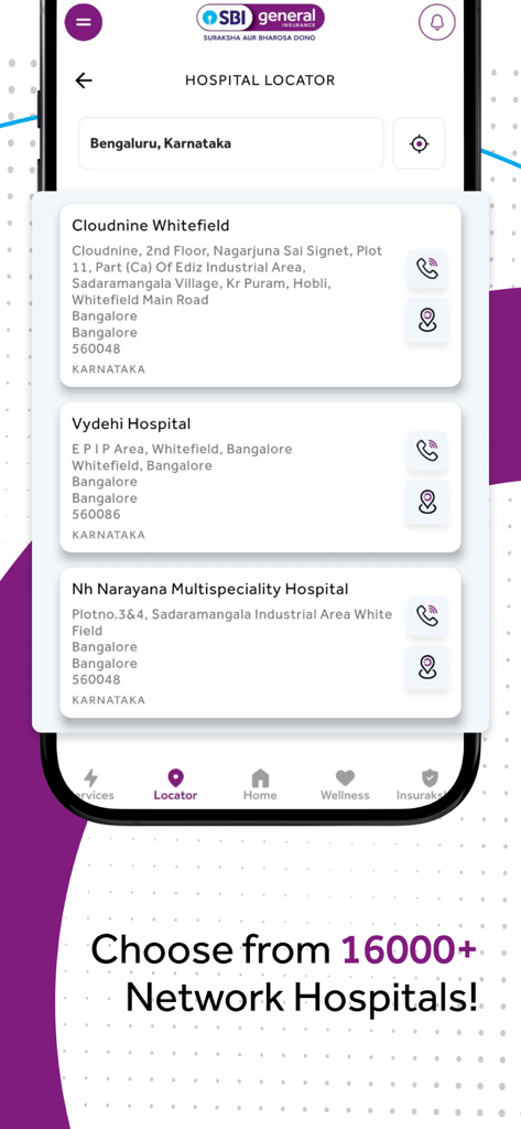 SBI General Insurance - Pantalla del localizador de hospitales de la aplicación SBI General Insurance que muestra una lista de hospitales de la red en la India.