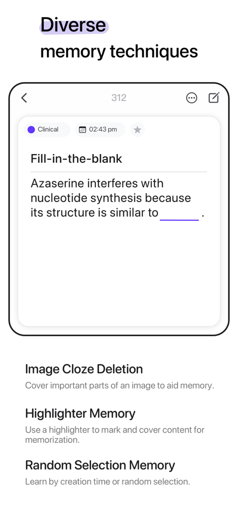 Écran de l'application mobile WinkNotes démontrant des techniques de mémoire comme les cartes mémoire à compléter et les méthodes de rappel actif.