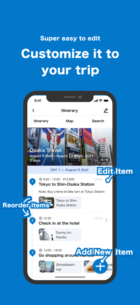 AVA Travel : AI Trip Planner - Interfaccia dell'AVA Travel AI Trip Planner che mostra come modificare e riordinare gli elementi in un itinerario di viaggio in Giappone
