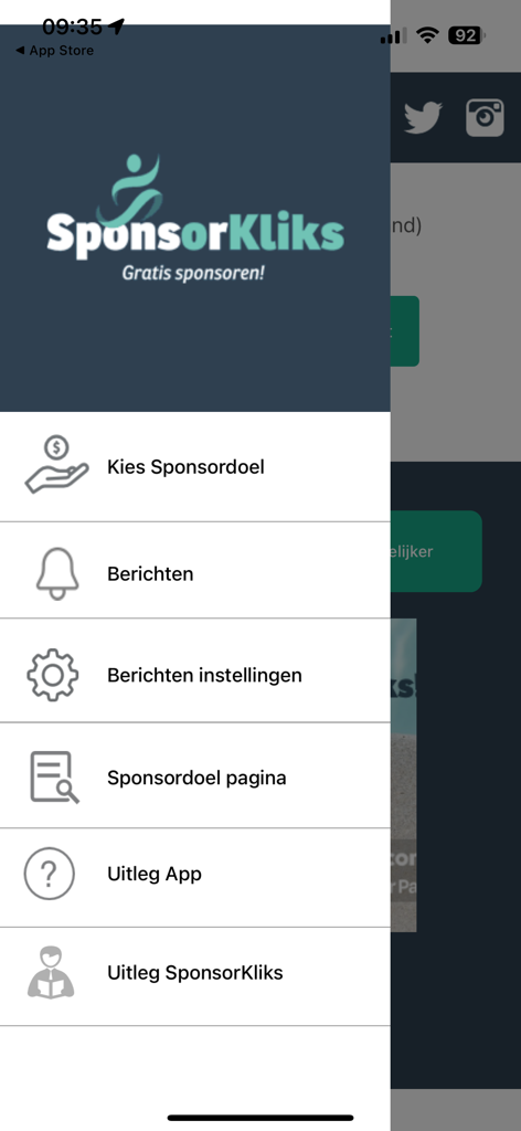 SponsorKliks App - SponsorKliks mobile app sidebar navigation menu showing various options in Dutch including sponsorship goals and settings.