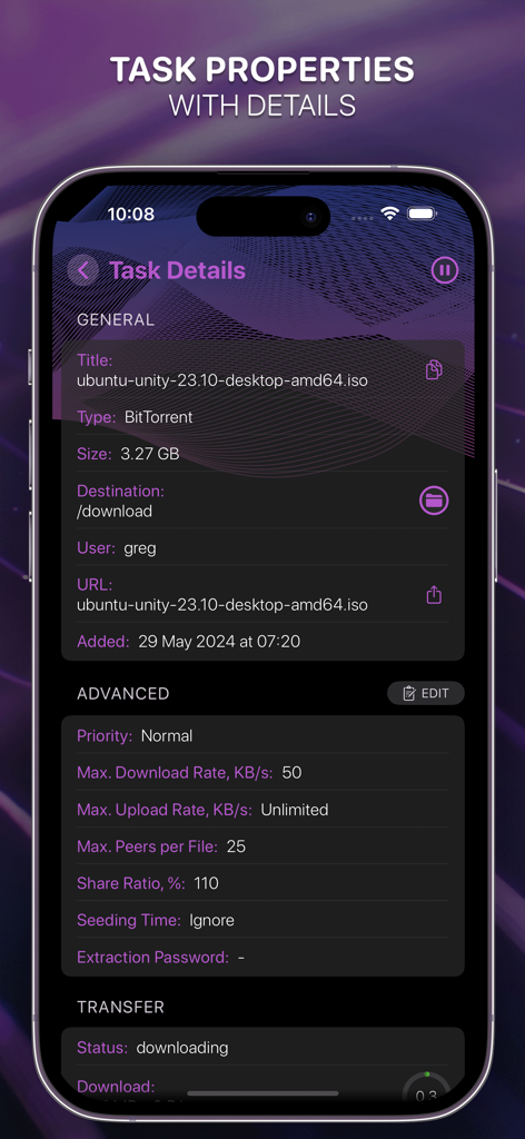 NASDL Manager - Screenshot of the task details screen in the NASDL Manager app showing download information and advanced settings