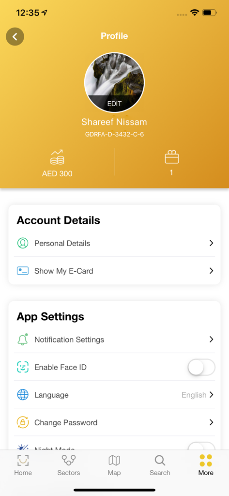 ALSAADA - User profile screen of the ALSAADA app showing account details app settings and accumulated savings in AED