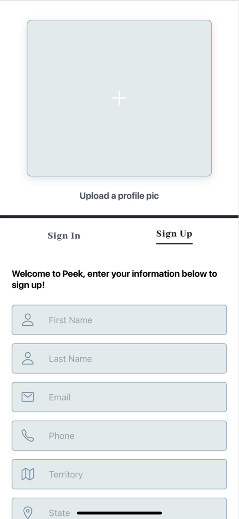 The Peek App - Sign up page for The Peek App featuring user registration fields and a profile picture upload section