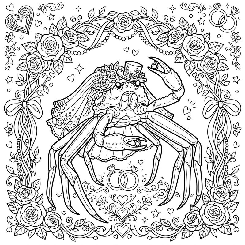 Dive into a uniquely charming celebration with our Snow Crab Wedding coloring page, specially designed for teens! This delightful scene brings together marine life and matrimonial bliss in an intricate, engaging design.