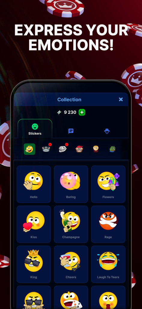 Una colección de pegatinas emoji en la aplicación Domino Online 3D para expresar emociones durante el juego.