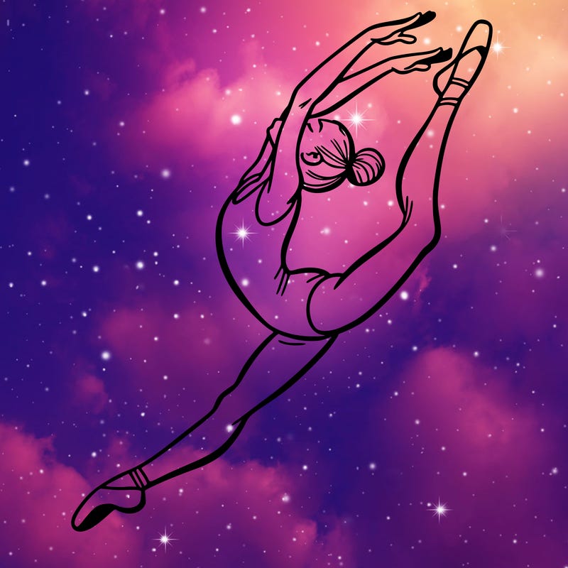 gymnast doing a leap in a leotard with a bent back leg