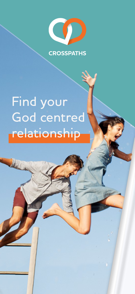 Ein glückliches Paar, das auf dem Startbildschirm der christlichen Dating-App Crosspaths in die Luft springt