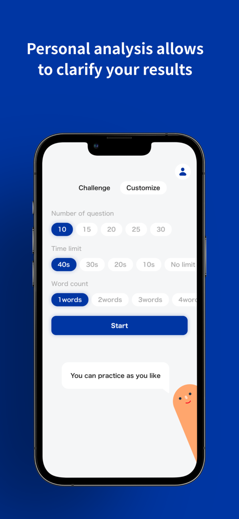 Reflick: Japanese Flick Typing - Écran de personnalisation de l'application Reflick pour les sessions de pratique de frappe japonaise par glissement.