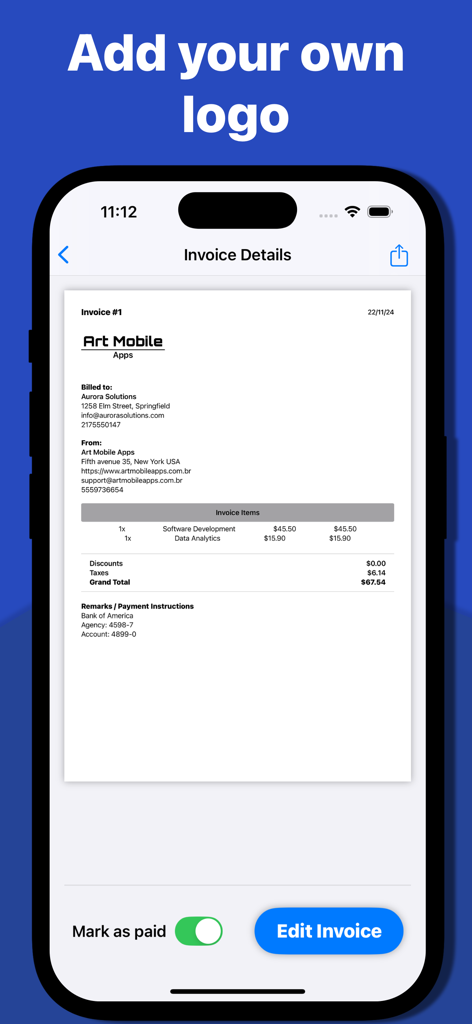Invoice Maker Receipt Creator - A mobile app interface showing a professional invoice with a custom company logo and billing details