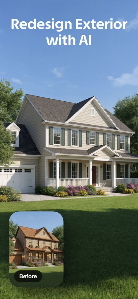 AI Decor - AI Home Design - Before and after comparison of a house exterior redesign using AI Decor app