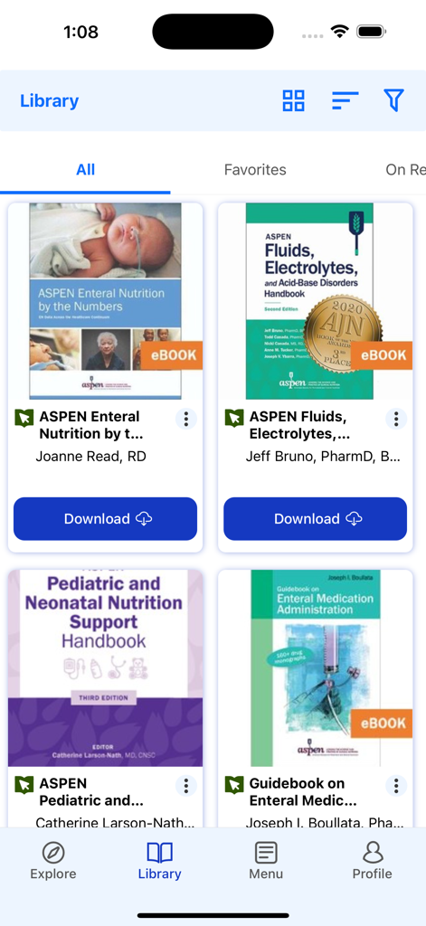 ASPEN 전자책 의료 앱의 임상 영양 전자책 라이브러리.
