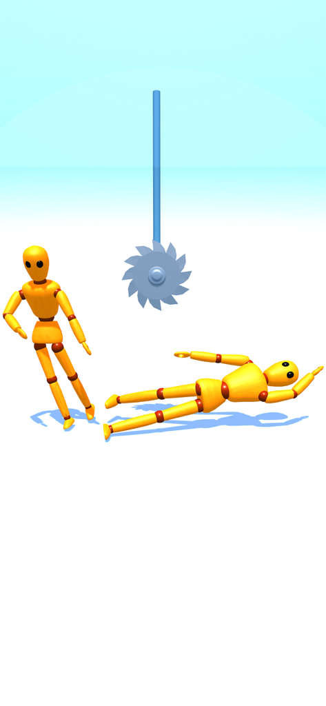 Una figura de maniquí de madera amarilla junto a una hoja de sierra circular giratoria