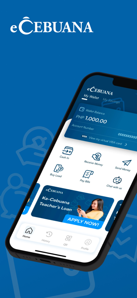 eCebuana - eCebuana mobile app dashboard displaying wallet balance and financial transaction icons.