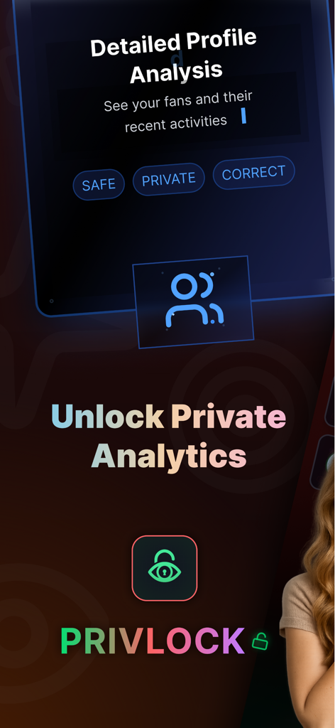 Tela do aplicativo PrivLock promovendo análise detalhada de perfil e análises privadas para usuários de mídia social